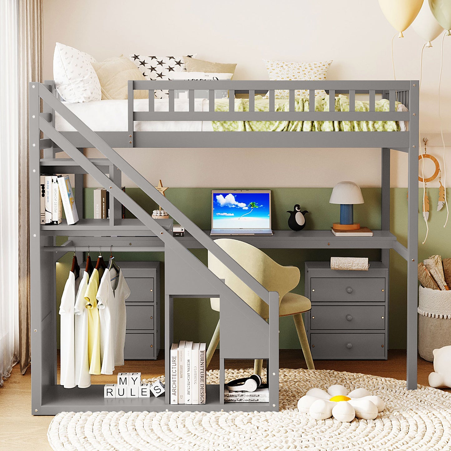 Twin Size Loft Bed with Two Chest of Drawers, Desk and Light Strip