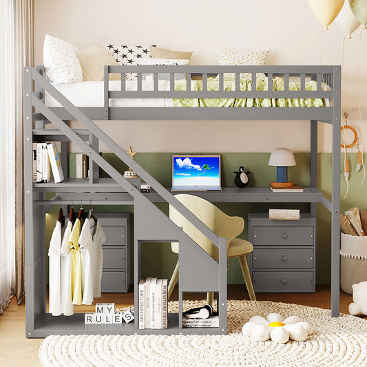 Loft Bed Twin Gray and White Solid Wood with Drawers and Storage for Bedroom and Guest Room