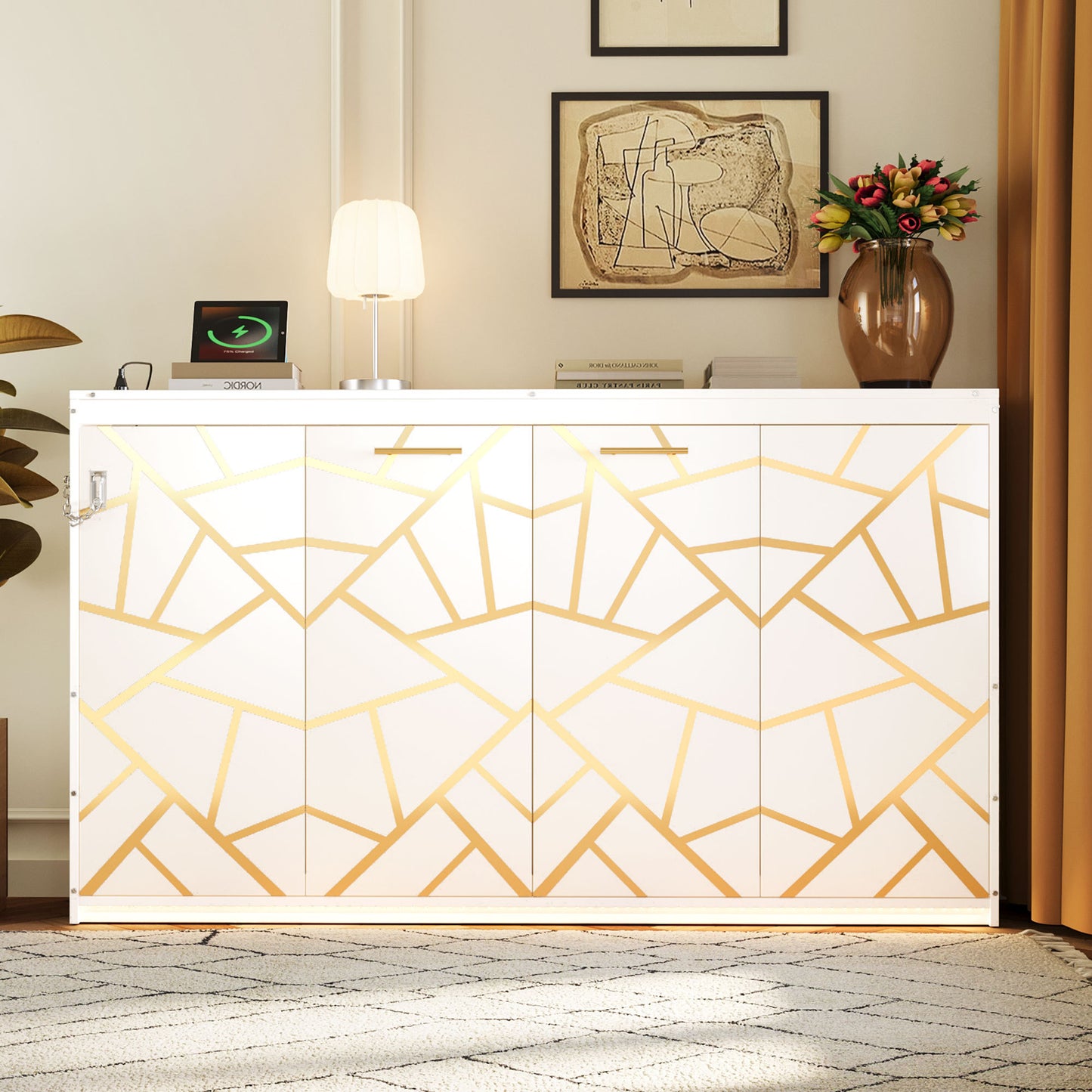Twin-Size Modern Side-Folding Murphy Bed with Trendy Printed Pattern, LED Under-Bed Lighting & Built-In USB Outlet – Space-Saving Design