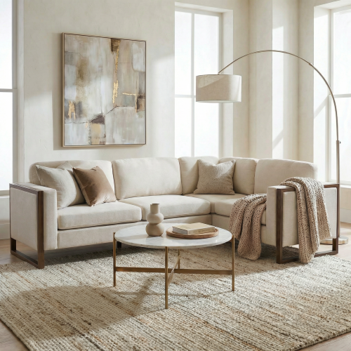 Otis 104" Square Arm L-Shaped 2-Piece Sectional Sofa – Modern Chenille Upholstered Couch for Living Room, Bedroom & Apartment Office (Beige + Walnut)