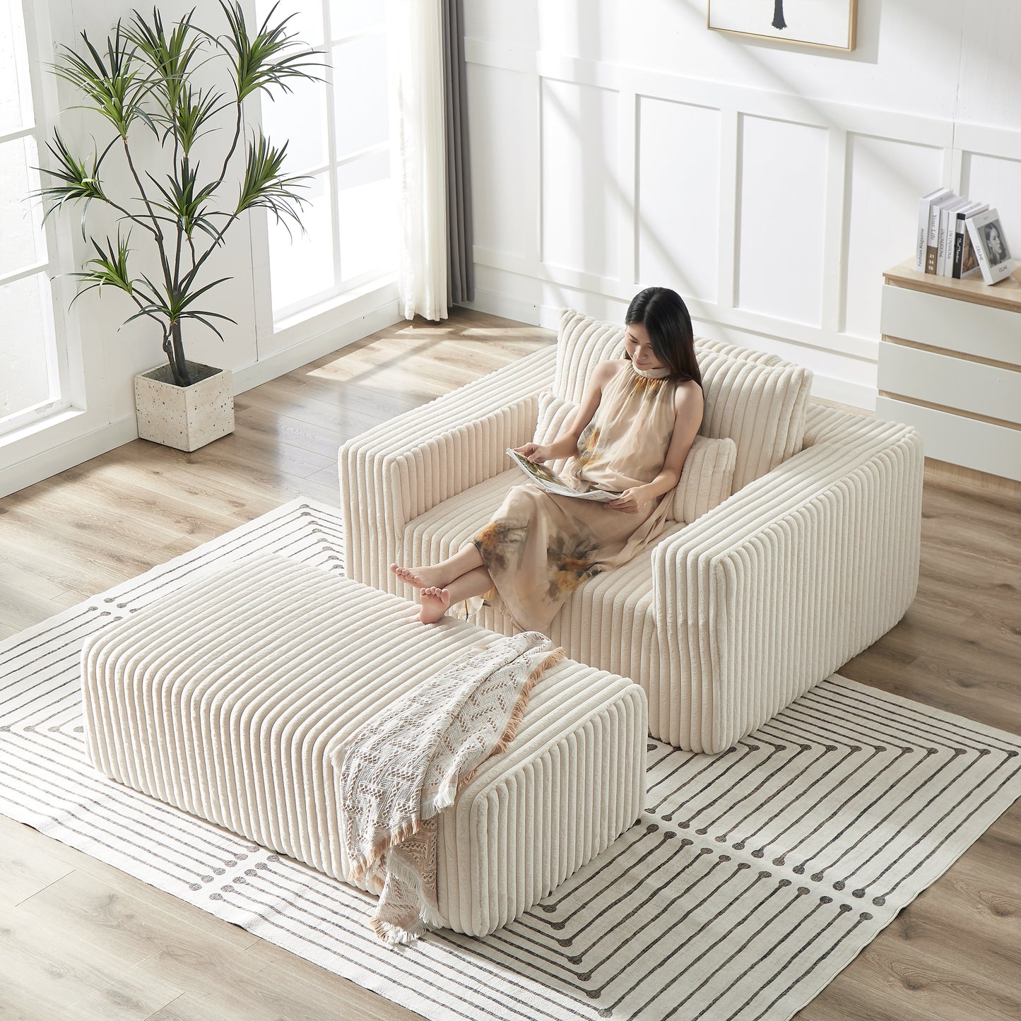 75-Inch Corduroy Sponge Sofa Lounge Chair with Removable footrest,No Assembly Required,Fluffy Modern Sleeper Chair for Indoor Living Room Bedroom