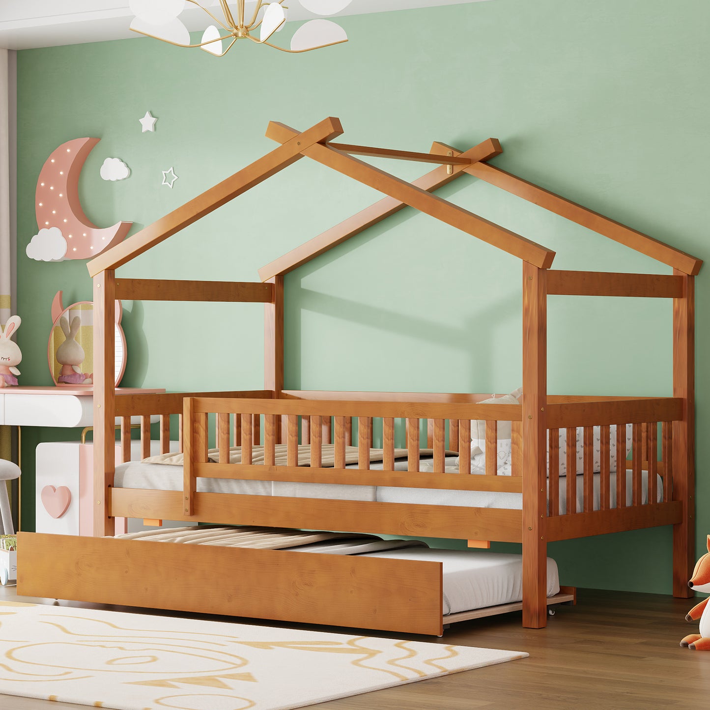 Twin Size Wooden House Bed with Twin Size Trundle