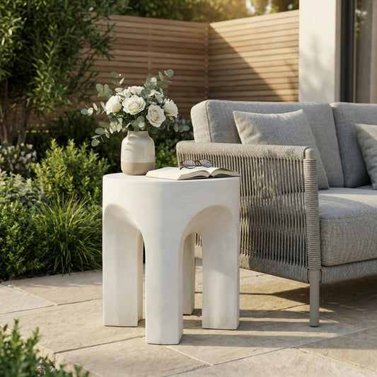 Outdoor MGO Round Top Side Table – Antique White Lightweight Concrete Accent Table for Indoor & Outdoor Use