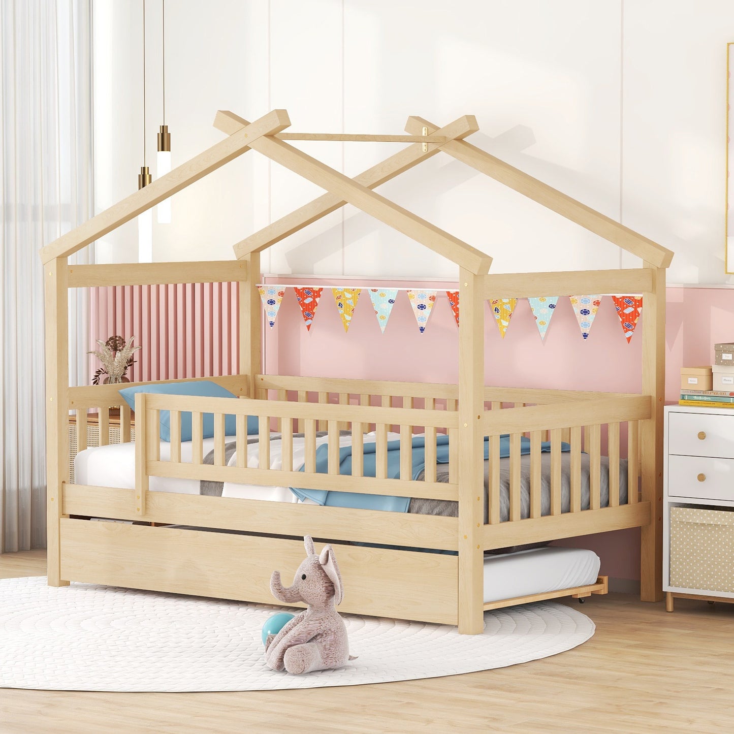 Twin Size Wooden House Bed with Twin Size Trundle