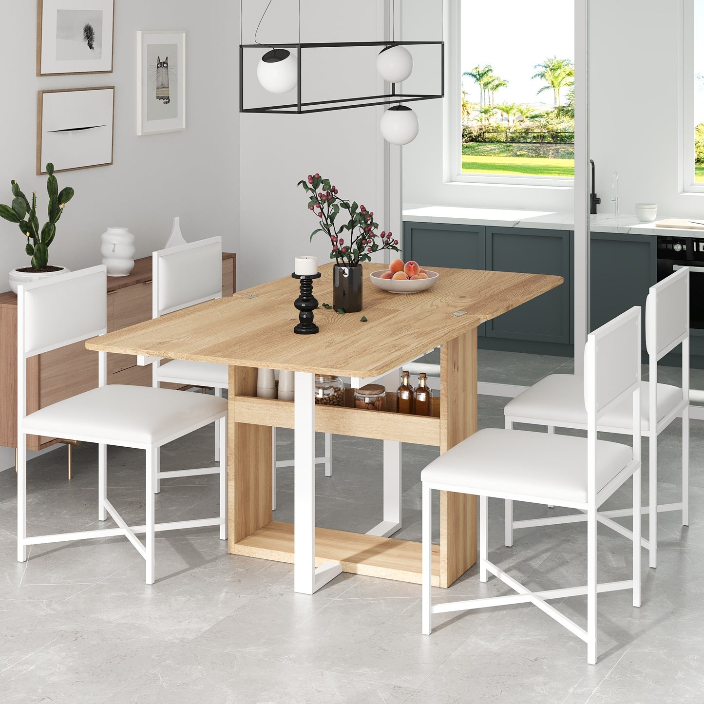 Modern Compact 63inch 5-Piece Extendable Dining Table Set, Foldable Square Kitchen Table Set with Storage Rack and 4 PU Leather Upholstered Dining Chairs for Small Places, White