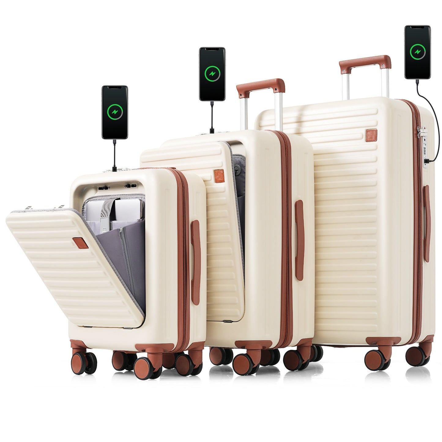 Luggage Set of 3, 20, 24, 28inch with USB Port, 20, 24inch with front opening design Airline Certified Carry on Luggage