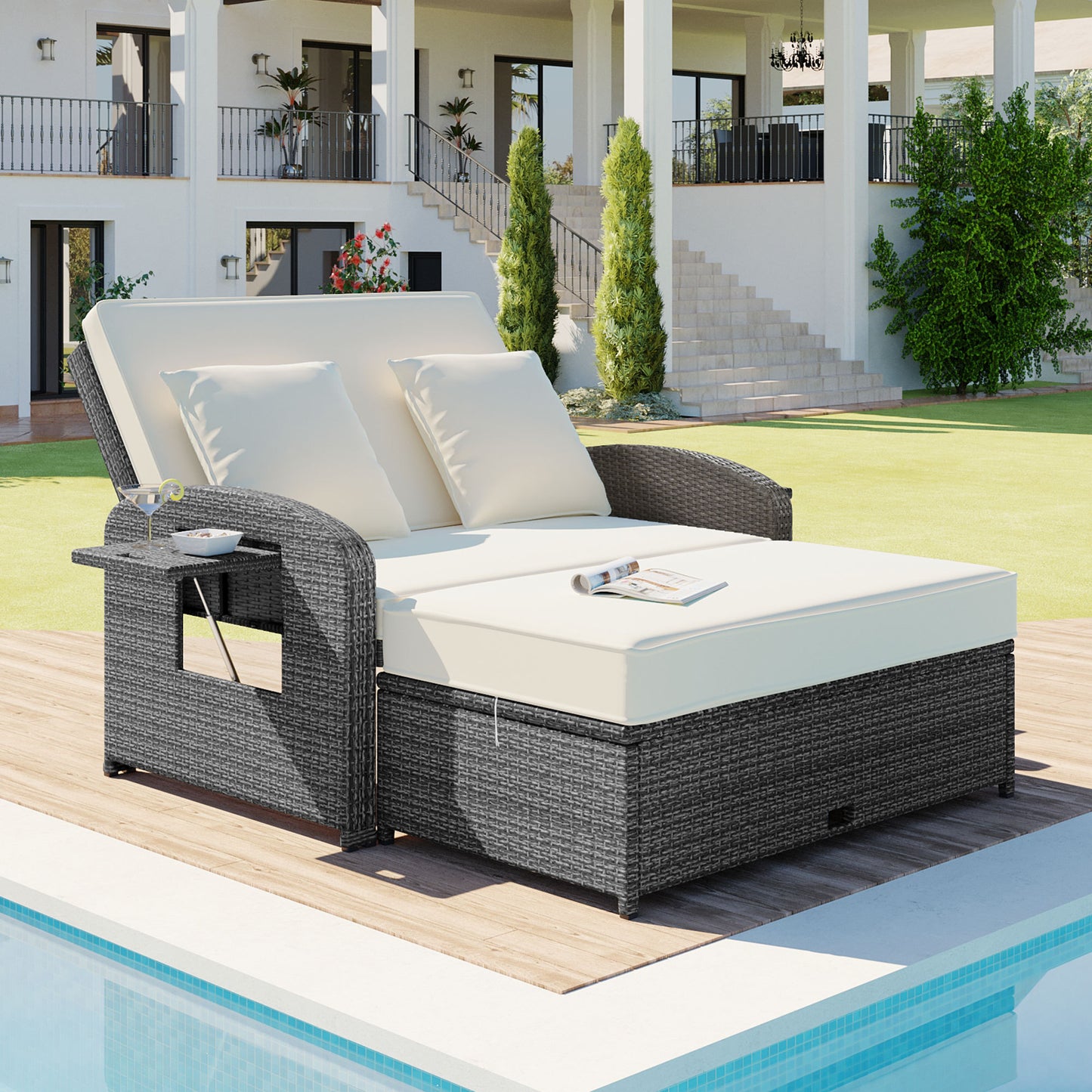PE Wicker Rattan Double Chaise Lounge, 2-Person Reclining Daybed with Adjustable Back and Cushions, Free Furniture Prote