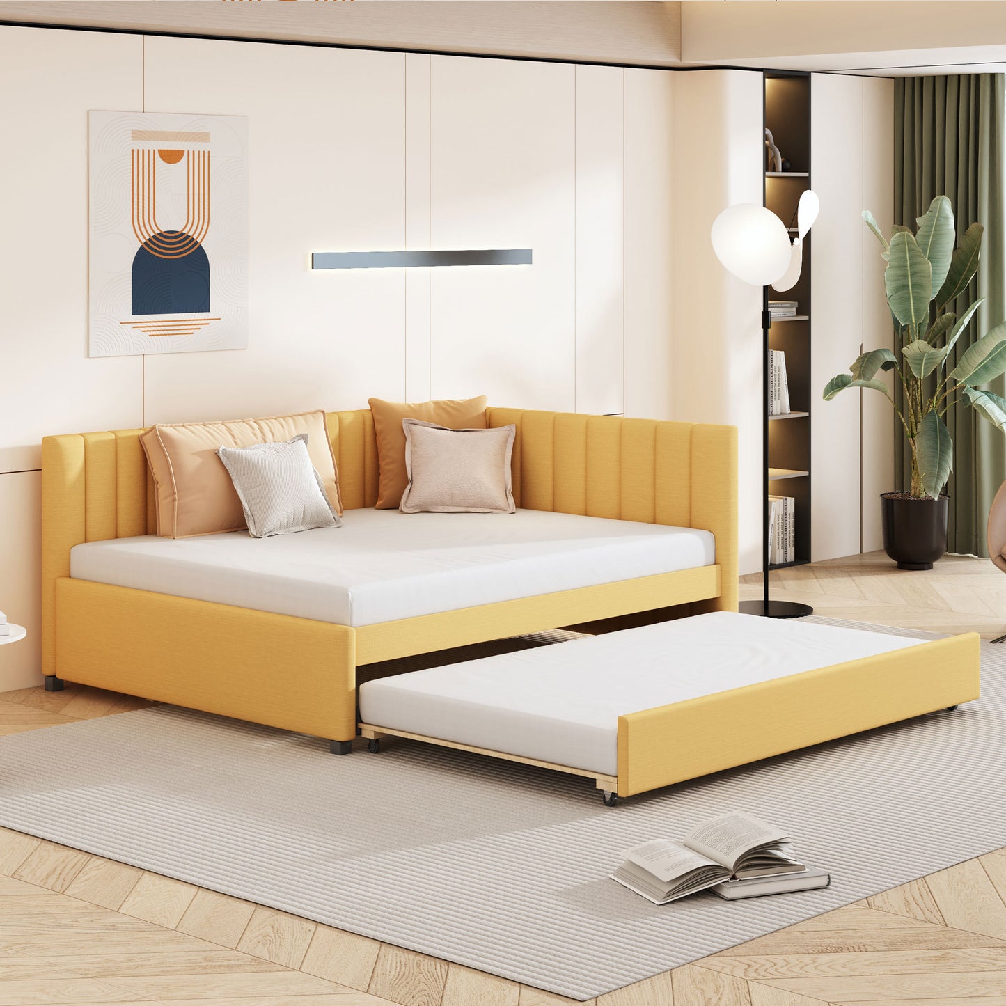 Upholstered Daybed with Trundle Sofa Bed Frame No Box Spring Needed, Linen Fabric