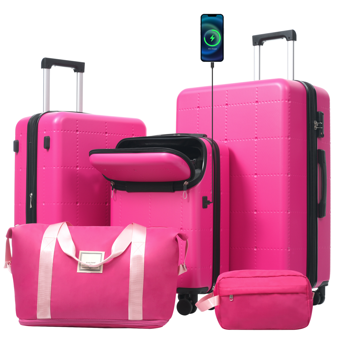 Hardside Luggage Set 5 Piece with Bags, Half-opening Carry on with USB Port