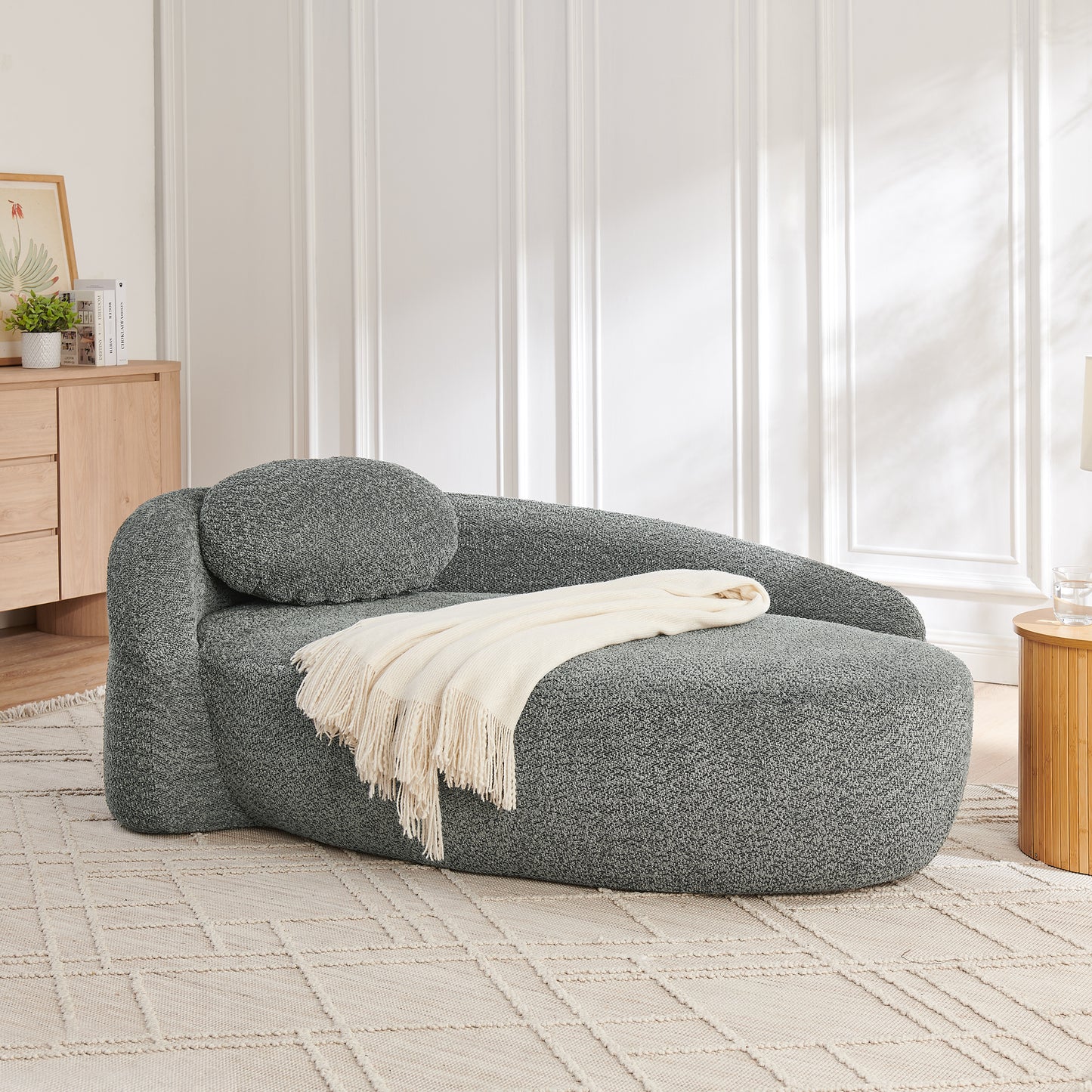 Modern Oval Single Lazy Sofa Chair with Integrated Backrest, Side Armrest and Pillow
