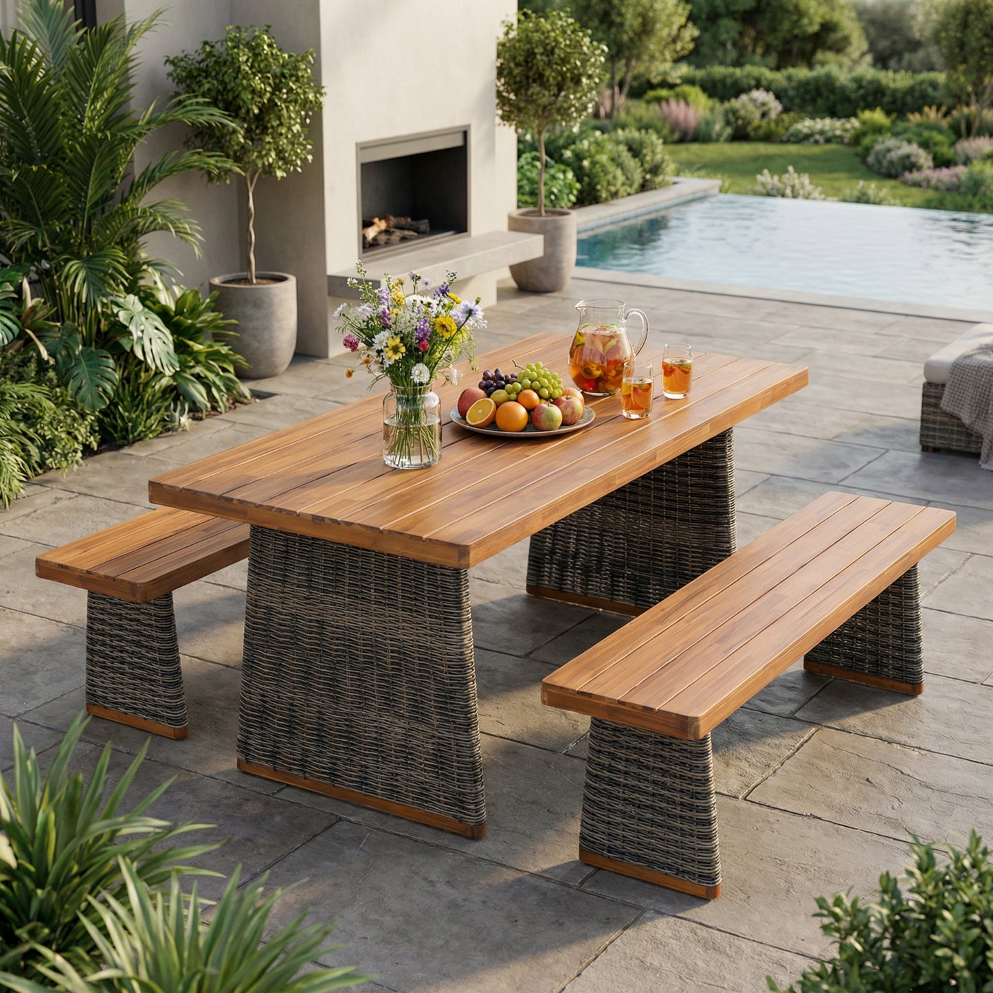 Outdoor 3-Piece Acacia Wood Dining Set with Handwoven Rattan Legs – Patio Table and Bench Set with Slatted Design