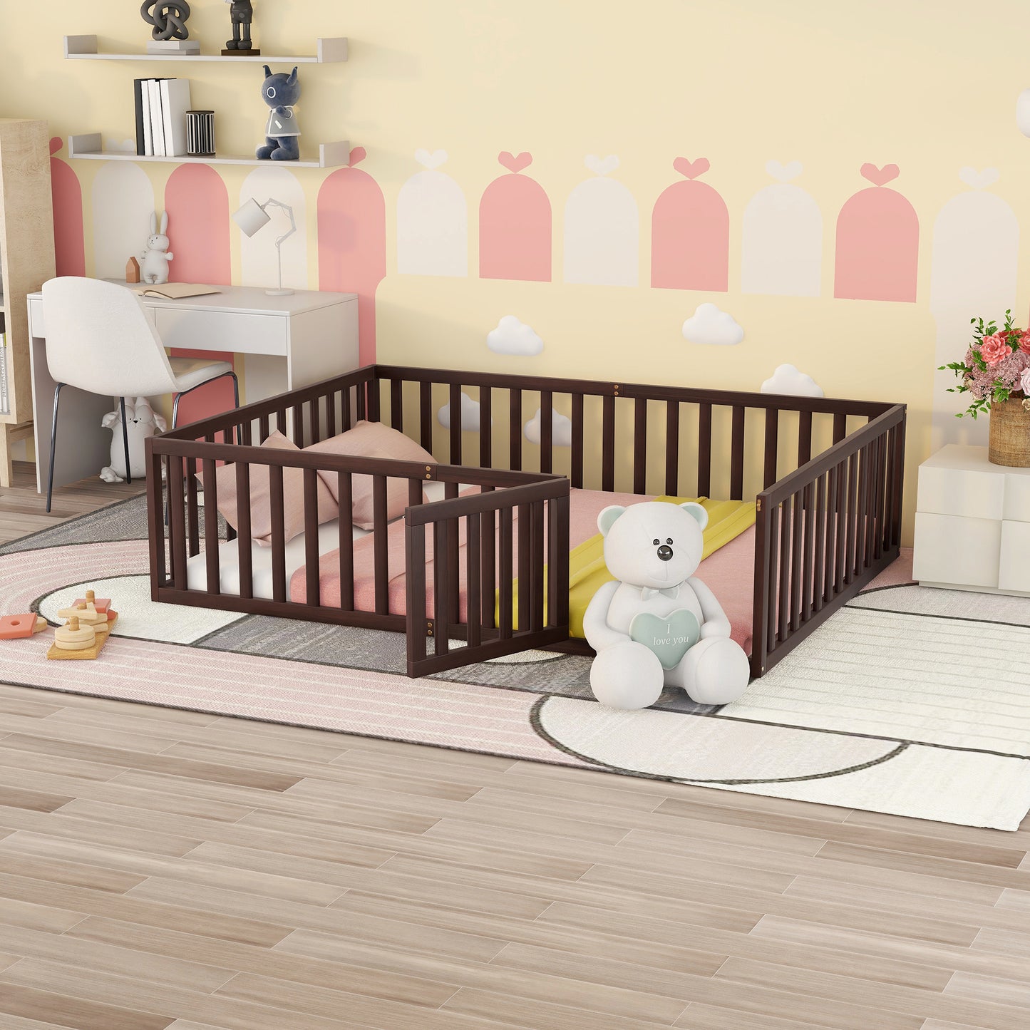 Wood Floor Bed Frame with Fence and Door