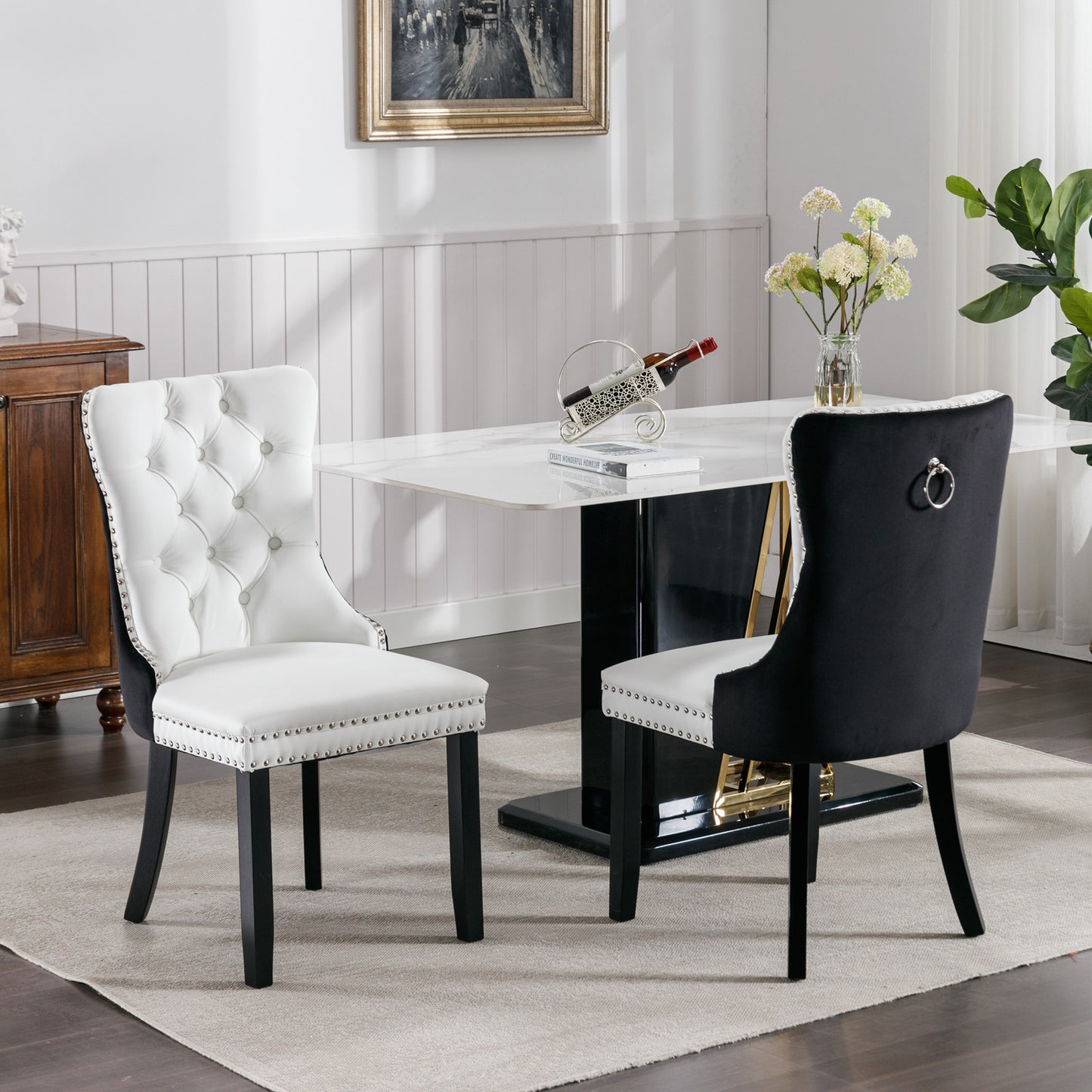 Nikki Collection Modern Tufted Solid Wood PU and Velvet Dining Chair with Nailhead Trim