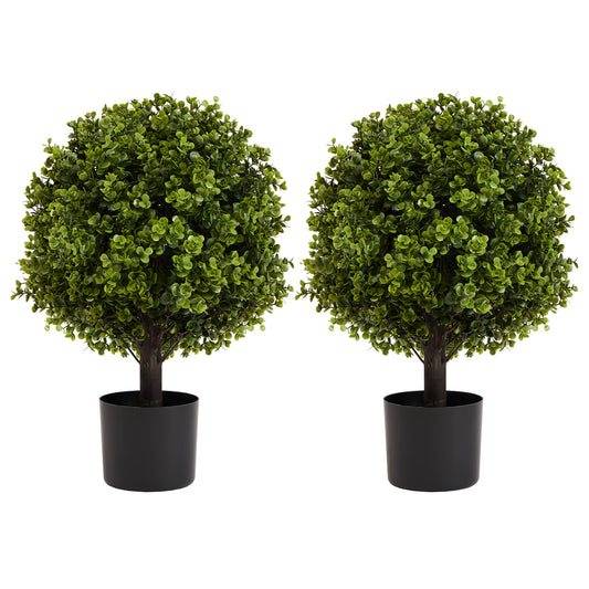 Artificial Boxwood Topiary Tree 21.6-Inch Plastic Green 2-piece set for Home, Office and Décor Display