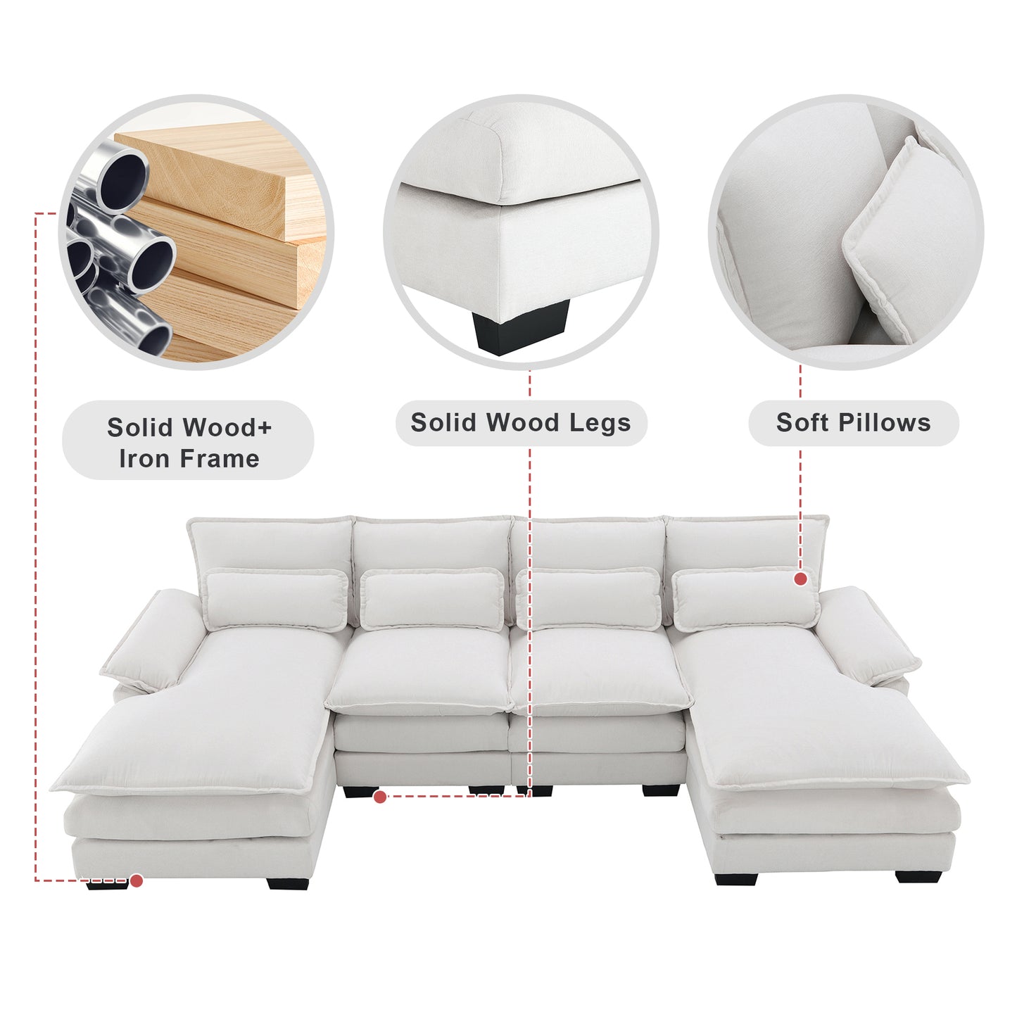 109.8*55.9" Modern U-shaped Sectional Sofa with Waist Pillows,6-seat Upholstered Symmetrical Sofa Furniture,Sleeper Sofa Couch with Chaise Lounge for Living Room,Apartment,2 Color