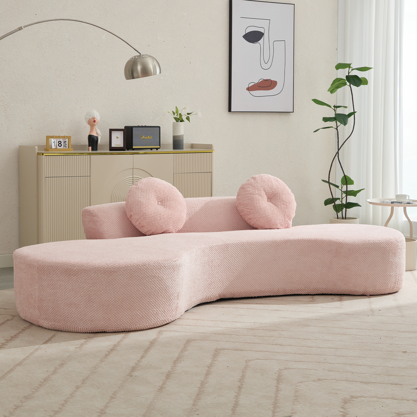 105.5''Curved Sofa, Modern Minimalist Sofa, Cloud Couch Sofa 3-4 Seater Couch with 2 Pillows,Bedroom,  No Assembly Required, Point-shaped corduroy,(Anti-Wrinkle) ,Pink