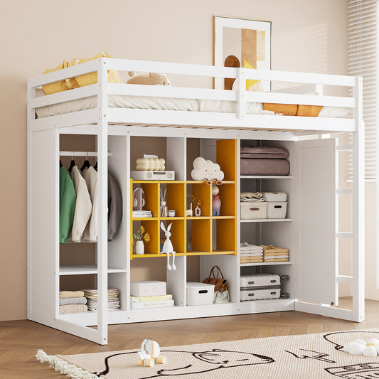 Loft Bed Twin Yellow and White Solid Wood and MDF with Wardrobe and Shelves for Bedroom and Guest Room