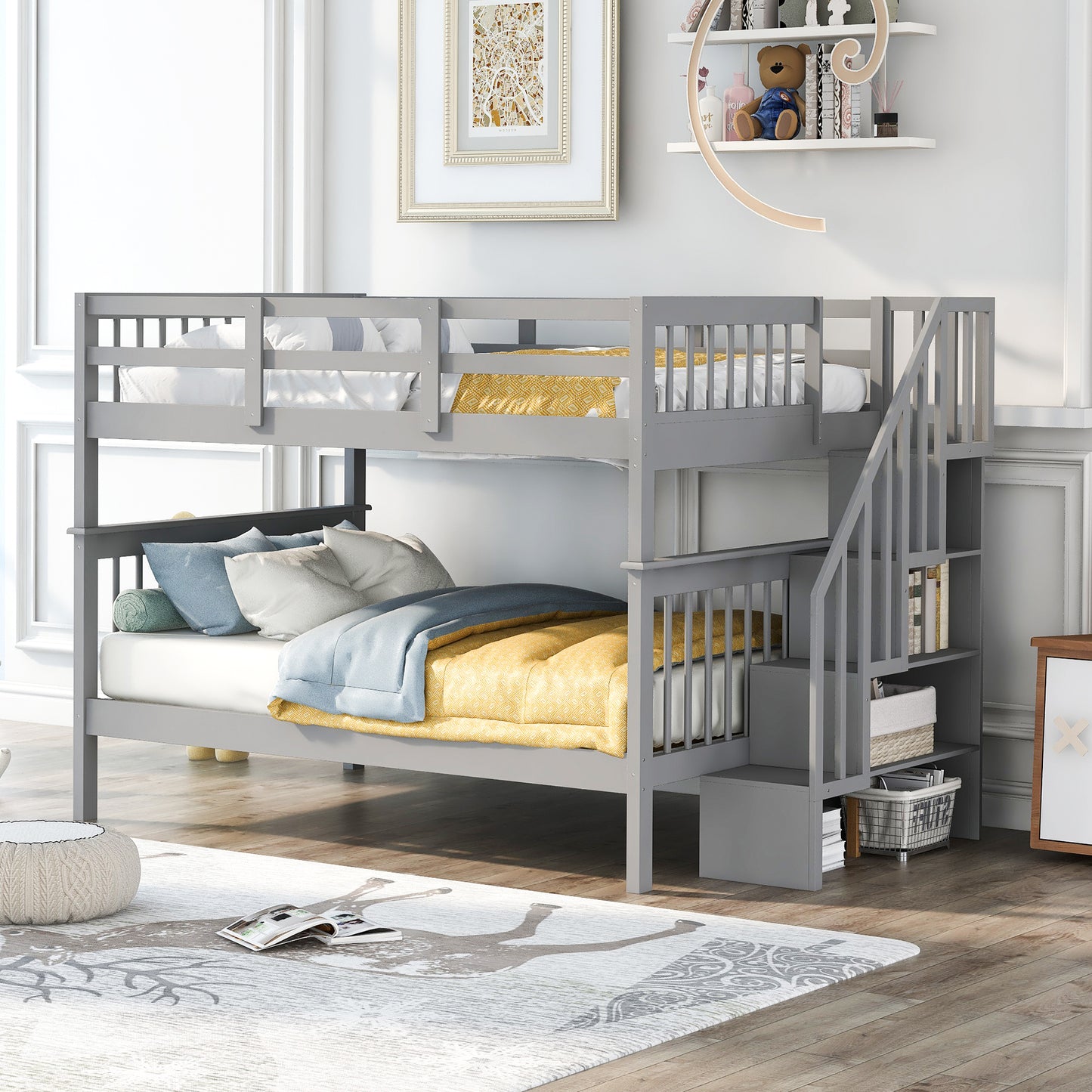 Stairway Full-Over-Full Bunk Bed with Storage and Guard Rail for Bedroom,Dorm
