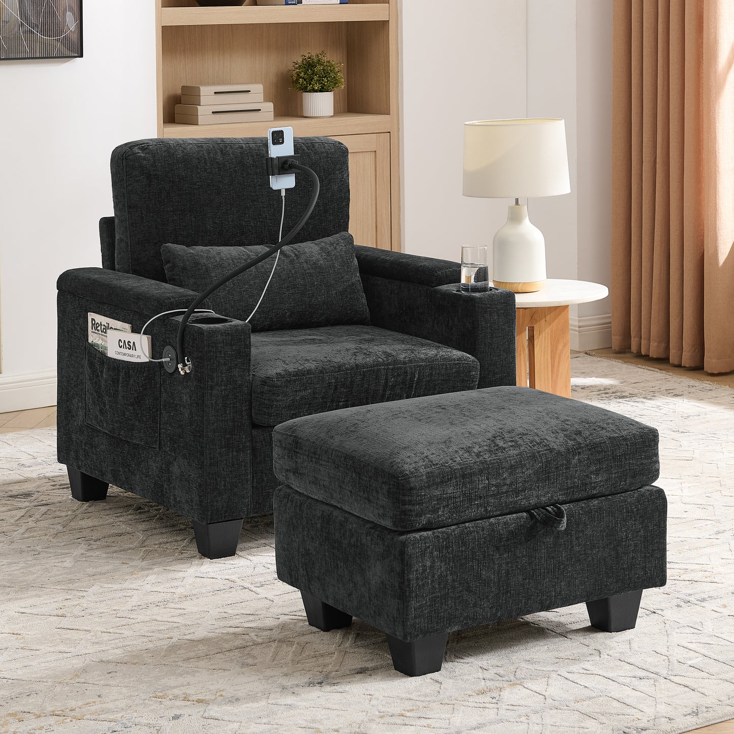Single sofa recliner with manually adjustable backrest, USB charging port, phone stand, hidden
