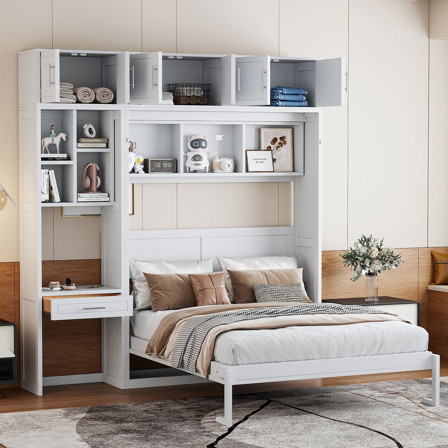 Queen Size Wall Murphy Bed with Desk, Top Cabinet and Storage Shelves, Space Saving Foldable