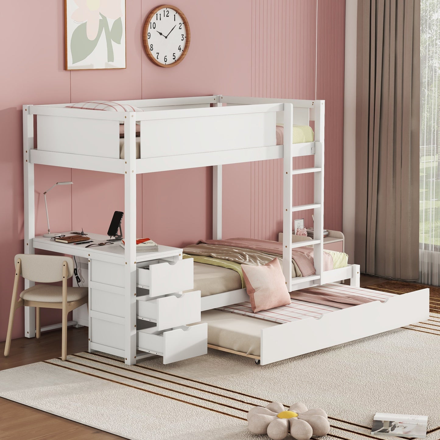 Twin-Over-Twin Bunk Bed with Twin size Trundle, Storage and Desk