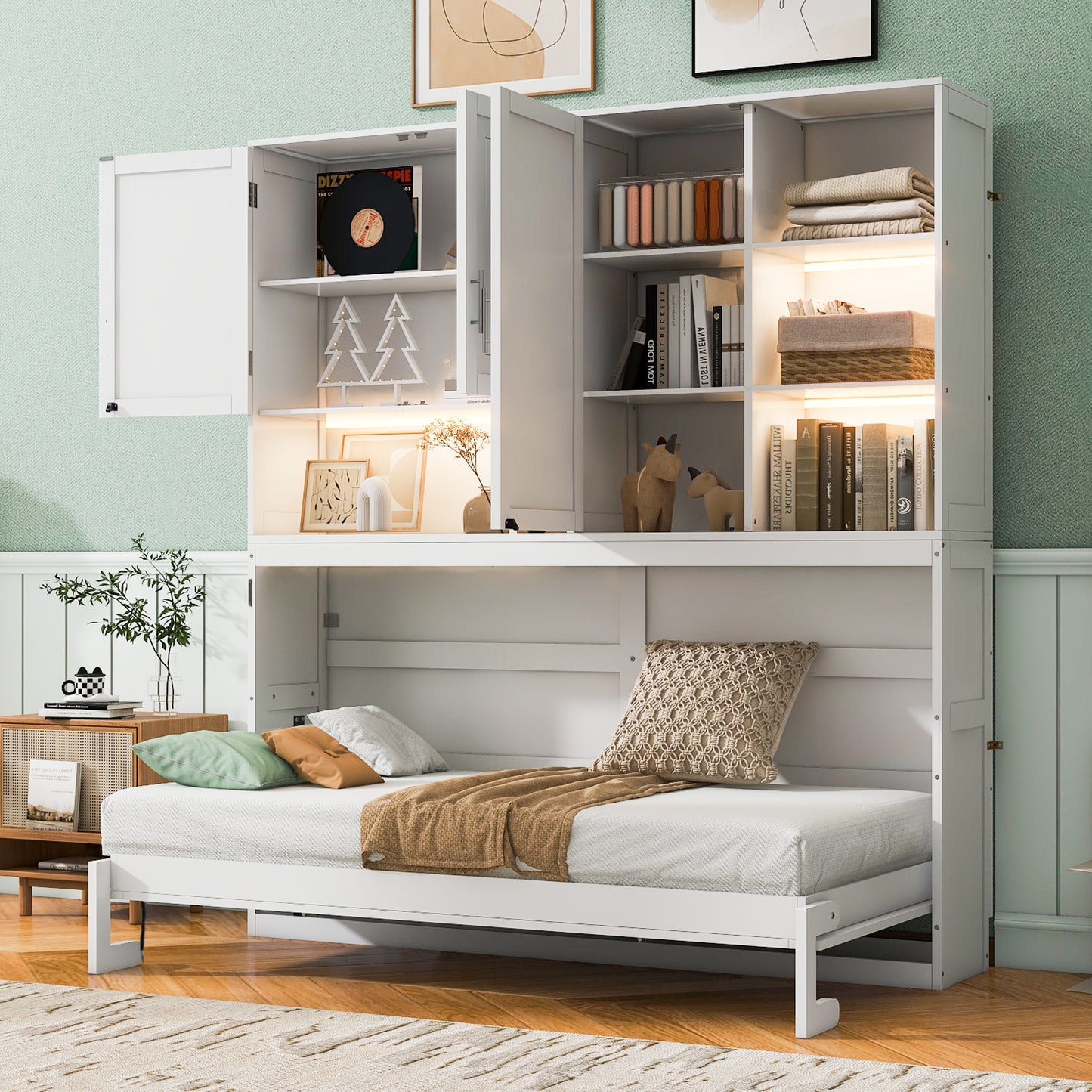 Wall Murphy Bed with Top Cabinet, Shelves, Space Saving Foldable Bed with Light & USB