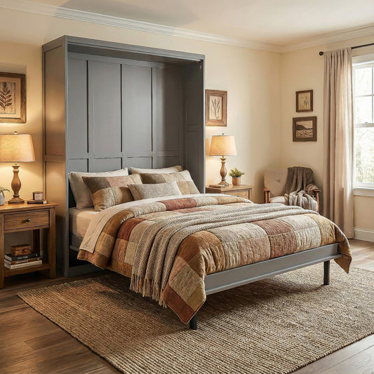 Murphy Wall Bed, Queen Size, MDF, Pine with Rotating Design and Hidden Storage Racks for Bedroom or Home Office