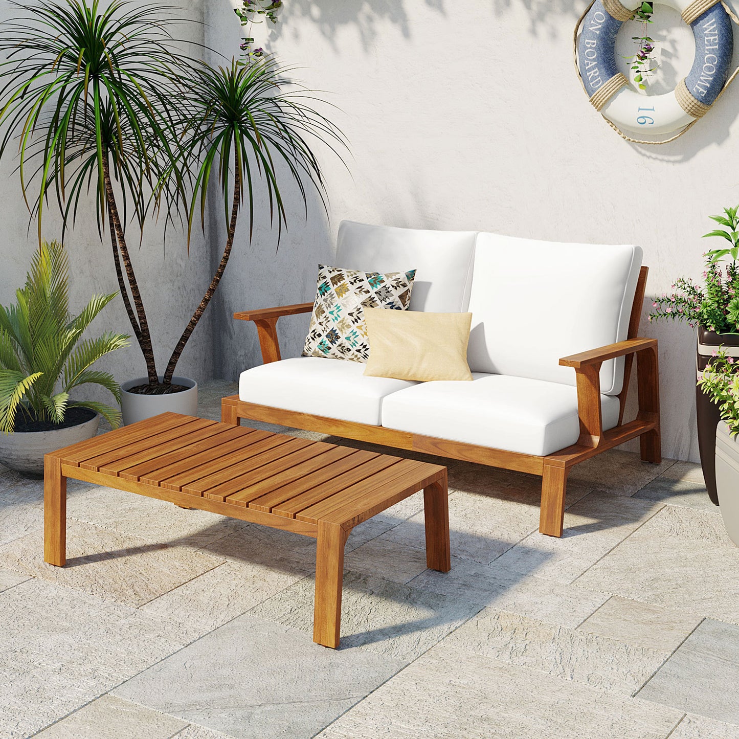 2 Pieces Outdoor Sofa Set 2-person Patio Seating Group Outdoor Conversation Set with Cushions and