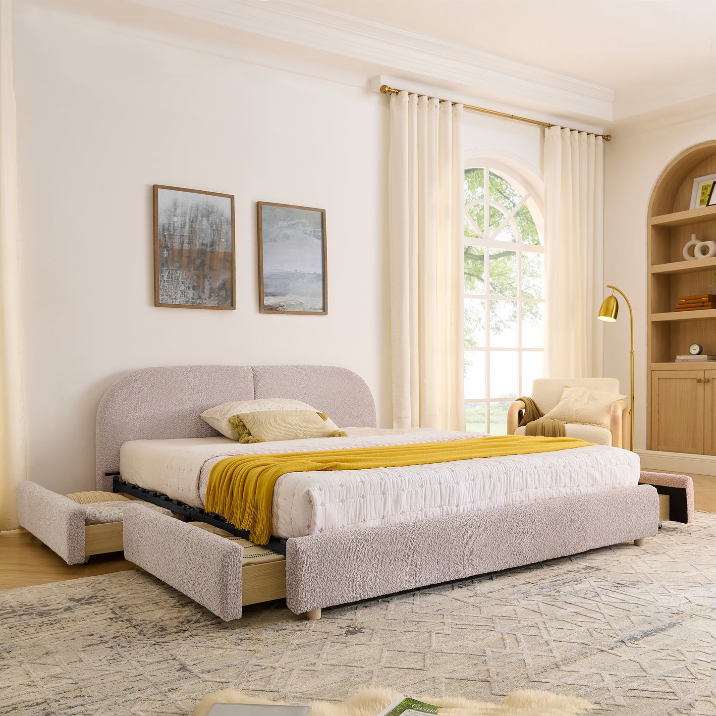 Upholstered Bed Frame Modern Minimalist Style - Circle Yarn Fabric, Tall Curved Headboard, Sturdy Leg Support & Wheeled Drawer Storage, Mattress Not Included