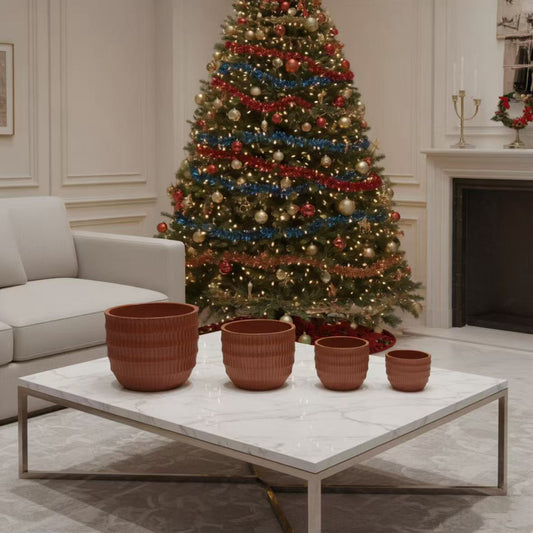 Ceramic Planter Set of 4 in Coral Ceramic Grooved Pots for Indoor or Patio Plant Display