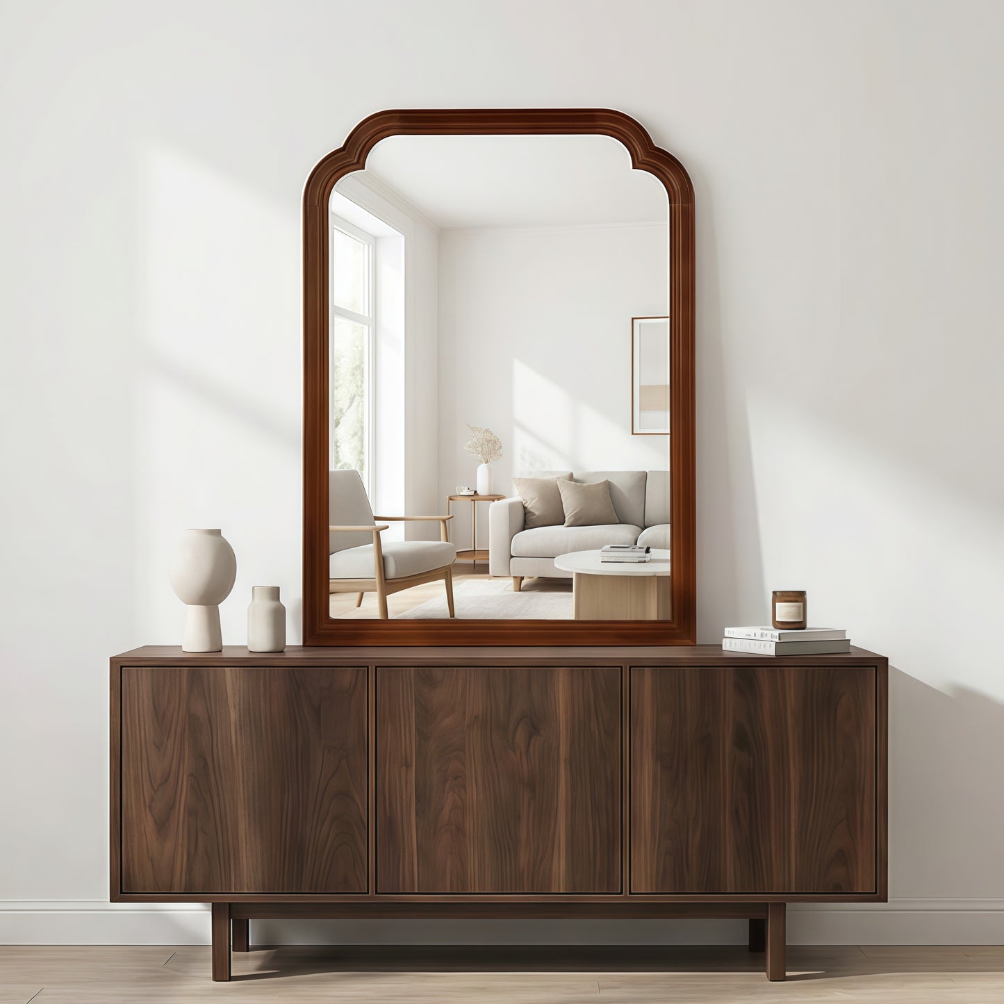 Solid Wood Frame Rounded Corner Decorative Mirror for Bedroom, Bathroom, Living Room, Entryway