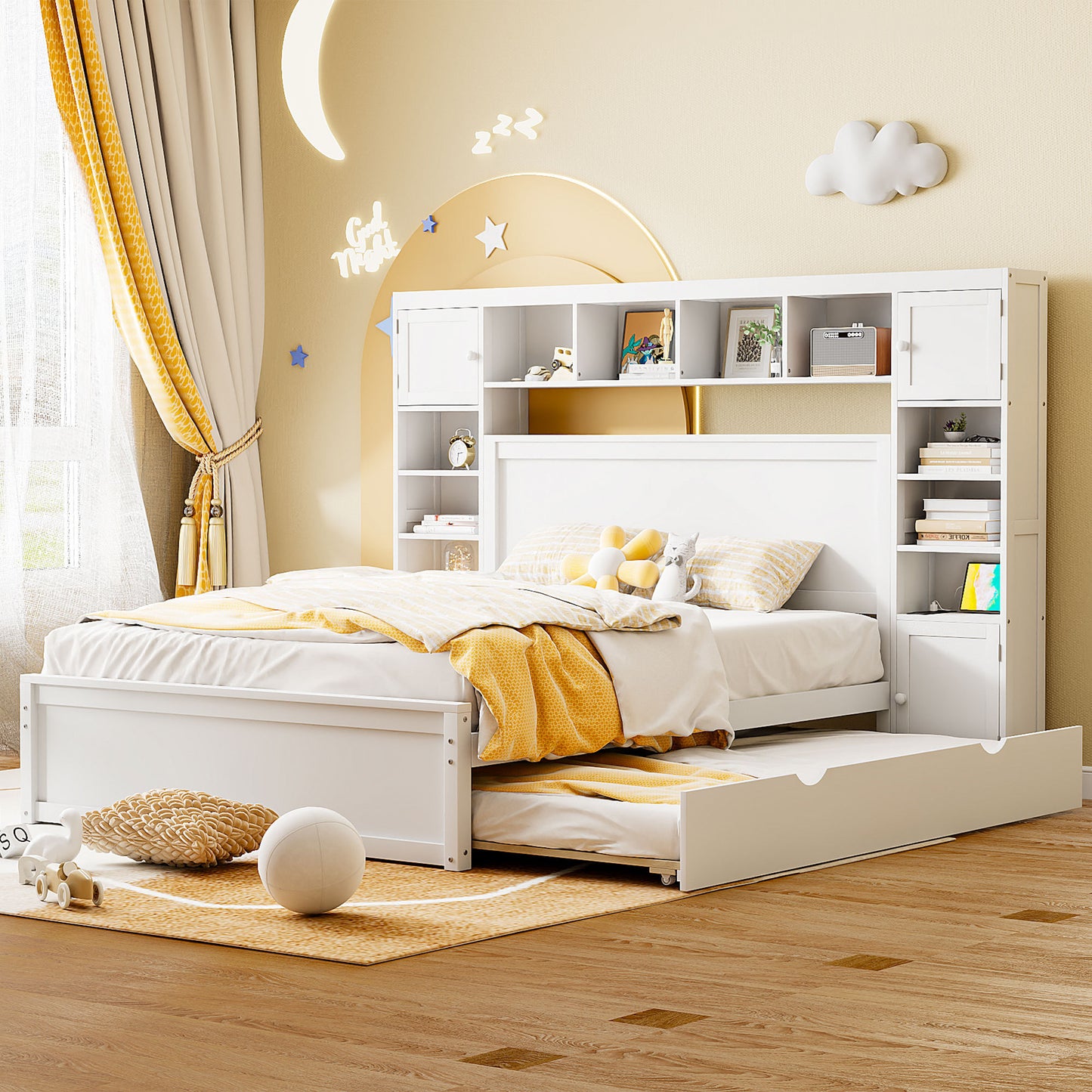 Queen Size Wooden Bed With All-in-One Cabinet, Shelf and Sockets,