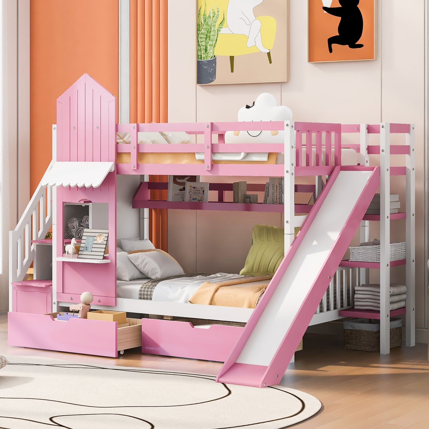 Twin-Over-Twin Castle Style Bunk Bed with 2 Drawers 3 Shelves