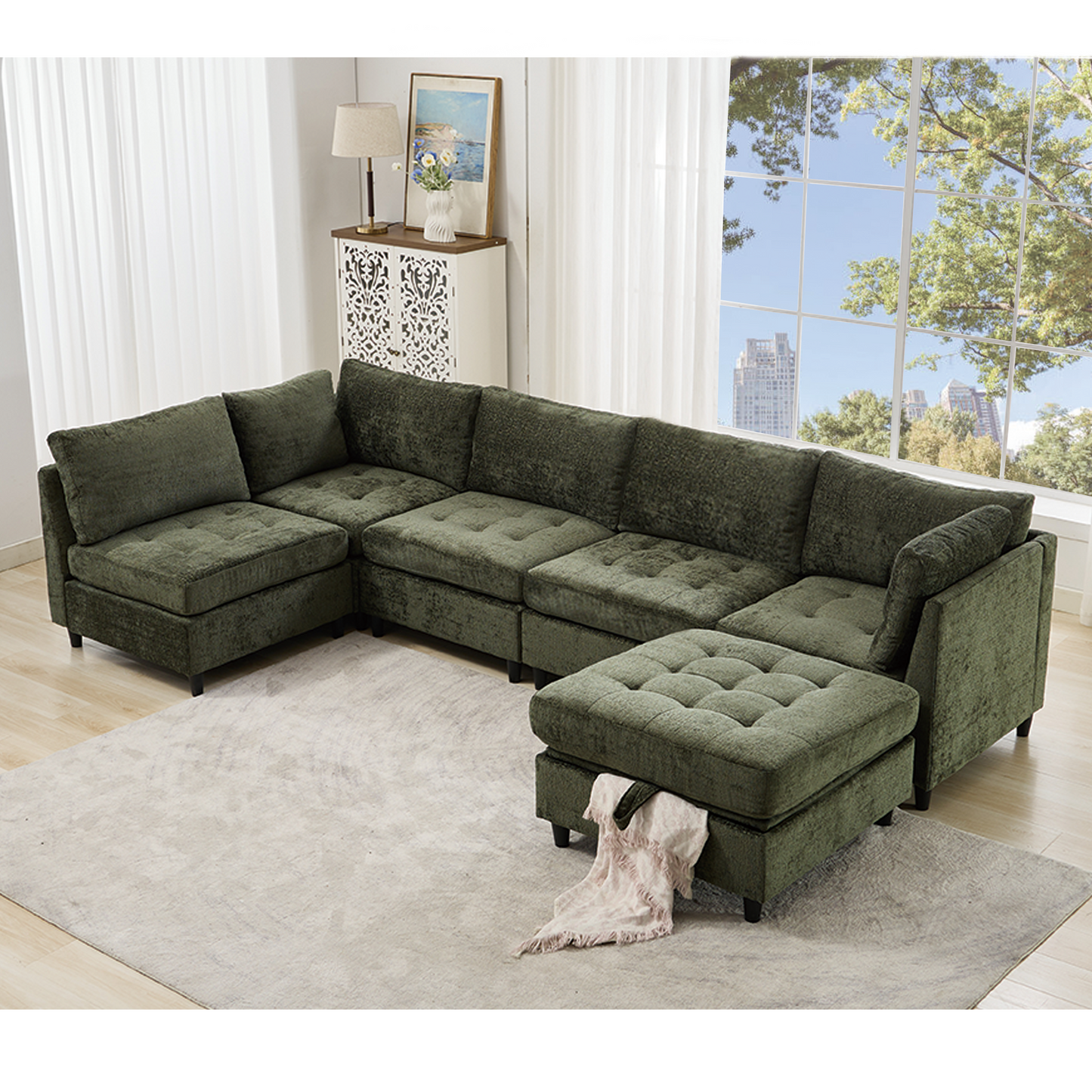 Modular Sectional Couch with Storage Ottoman, U Shaped Sofa, Storage Ottoman,Minimalist ,Convertible Modular Sofa,Chenille ,Upholstered,6 Seat,Living Room,   Green