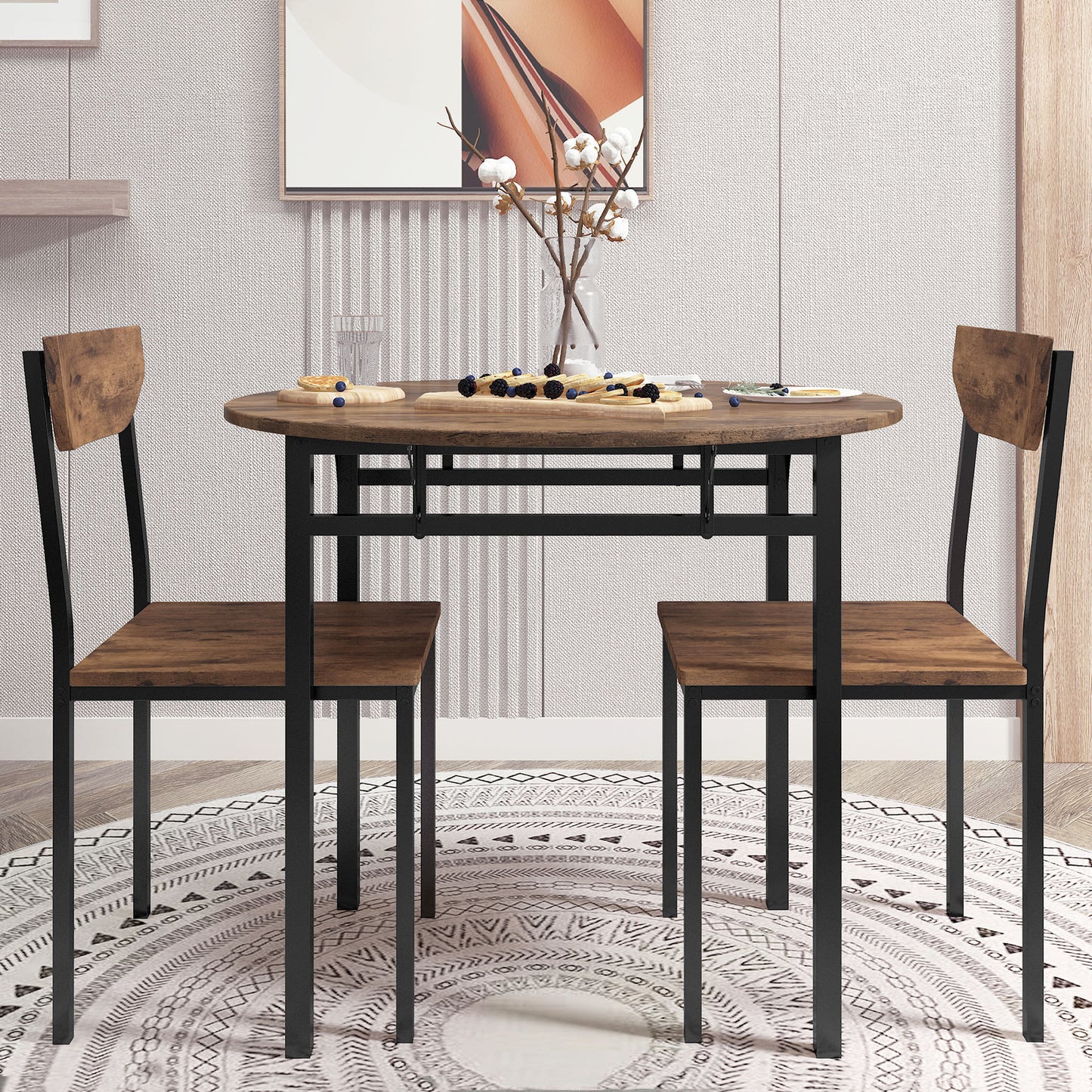 Modern 3-Piece Round Dining Table Set with Drop Leaf and 2 Chairs for Small Places,Black Frame+Rustic Brown Finish