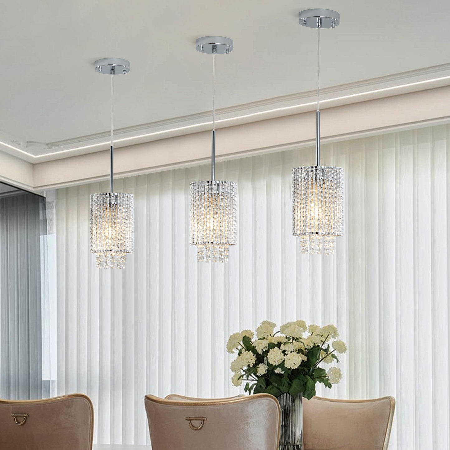 Modern Crystal Pendant Light 3-Pack Adjustable Chrome Hanging Ceiling Fixture with Clear Beads, Elegant Design for Kitchen Island, Dining Room, or Living Room (No Bulbs)