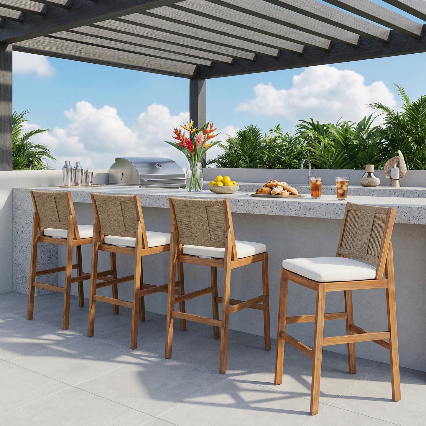 4-Piece Outdoor Acacia Wood Bar Stool Set with Woven Wicker Backrest and Water-Repellent Cushions
