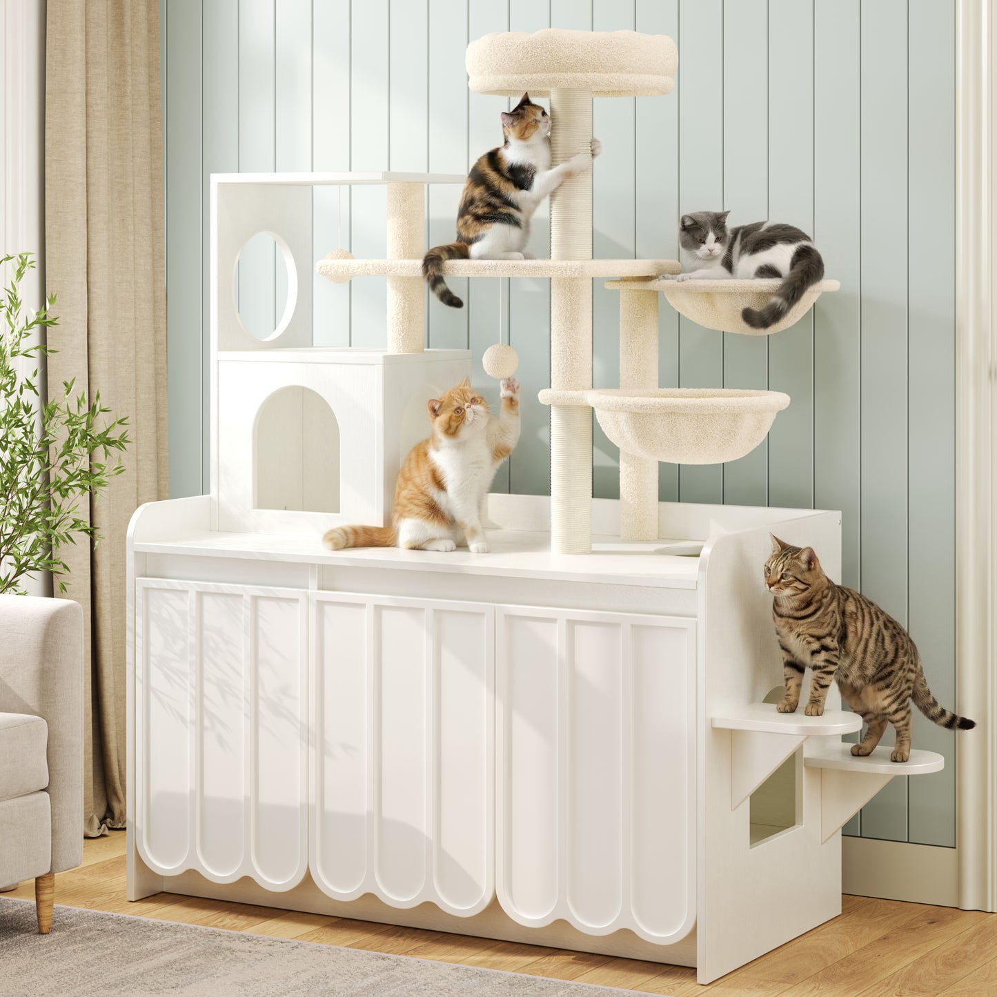 50.6'  Cat Tree with Litter Box Enclosure, 5Cat Tower with Sisal Scratching Post and Storage Space, Hidden Litter Enclos