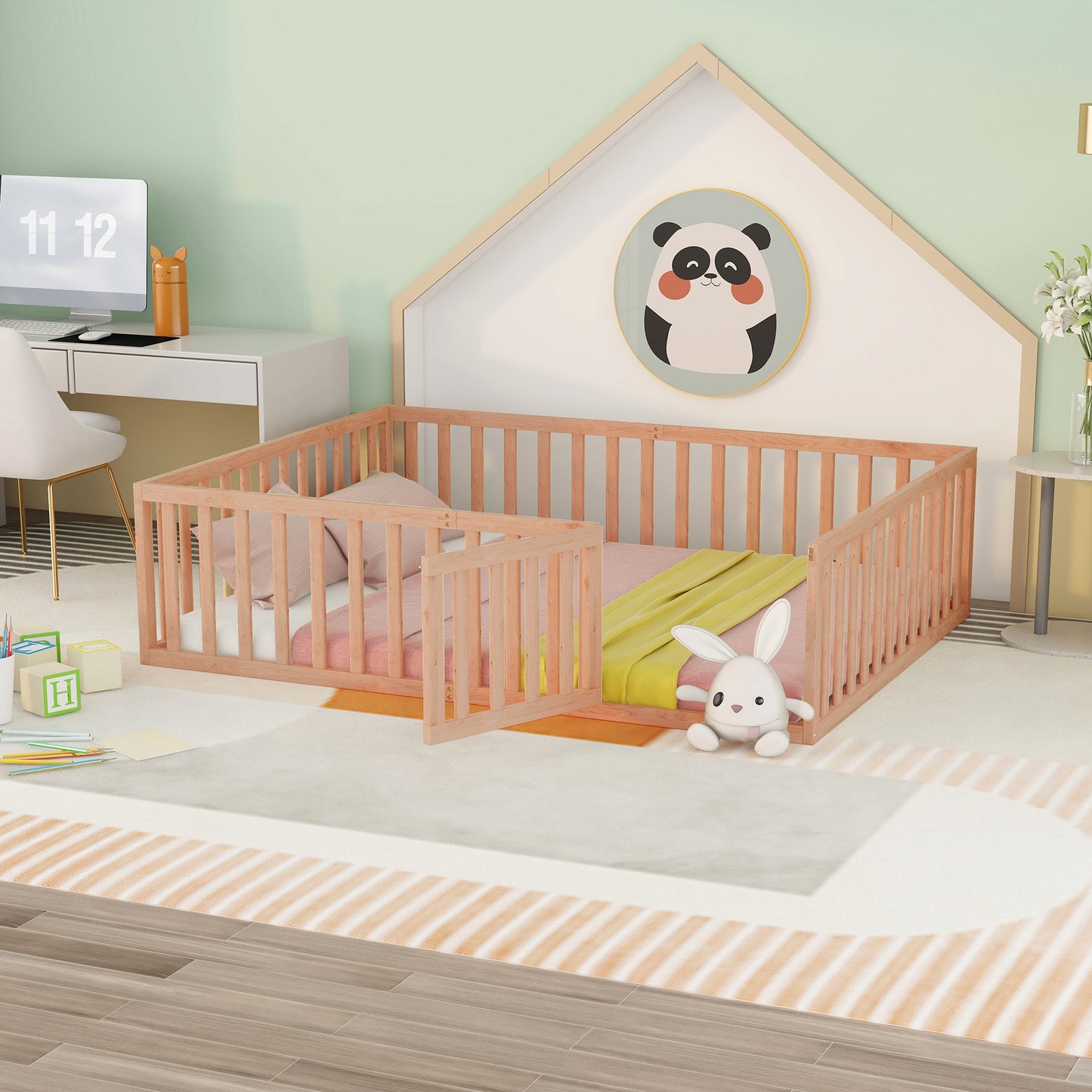 Wood Floor Bed Frame with Fence and Door