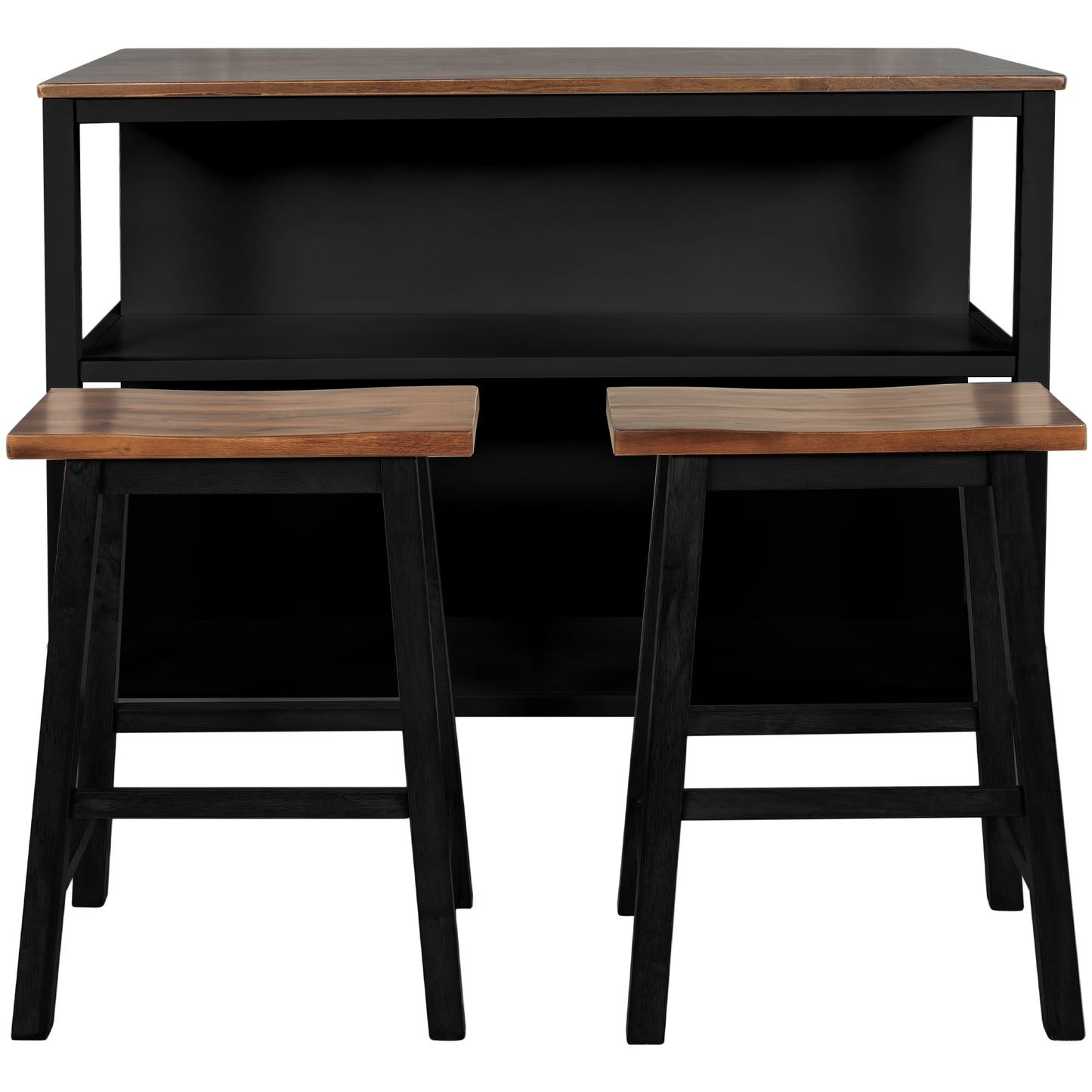 Solid Wood Rustic 3-piece 45" Stationary Kitchen Island Set with 2 Seatings, Rubber Wood Butcher Block Dining Table Set Prep Table Set with 2 Open Shelves for Small Places,Walnut+Black
