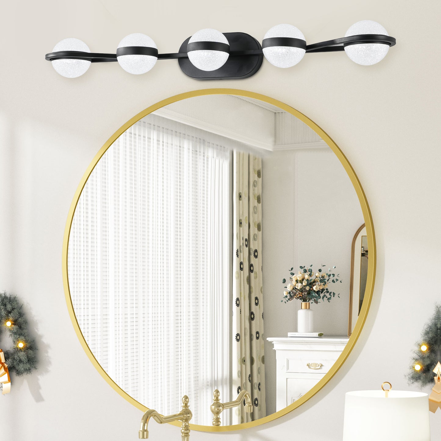 (NEW SKU:W1340P206793)Modern Minimalist Bathroom Vanity Light, LED 5 Bulb Frosted Glass Shades, Wall Mounted Decorative Lighting Fixture, Suitable for Bathroom Vanity Mirror (Black)