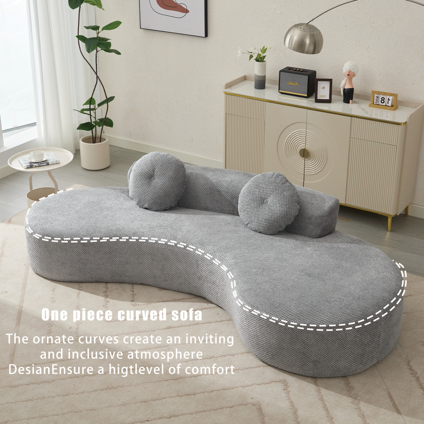 105.5''Curved Sofa, Modern Minimalist Sofa, Cloud Couch Sofa 3-4 Seater Couch with 2 Pillows,Bedroom,  No Assembly Required, Point-shaped corduroy,(Anti-Wrinkle) , Gray