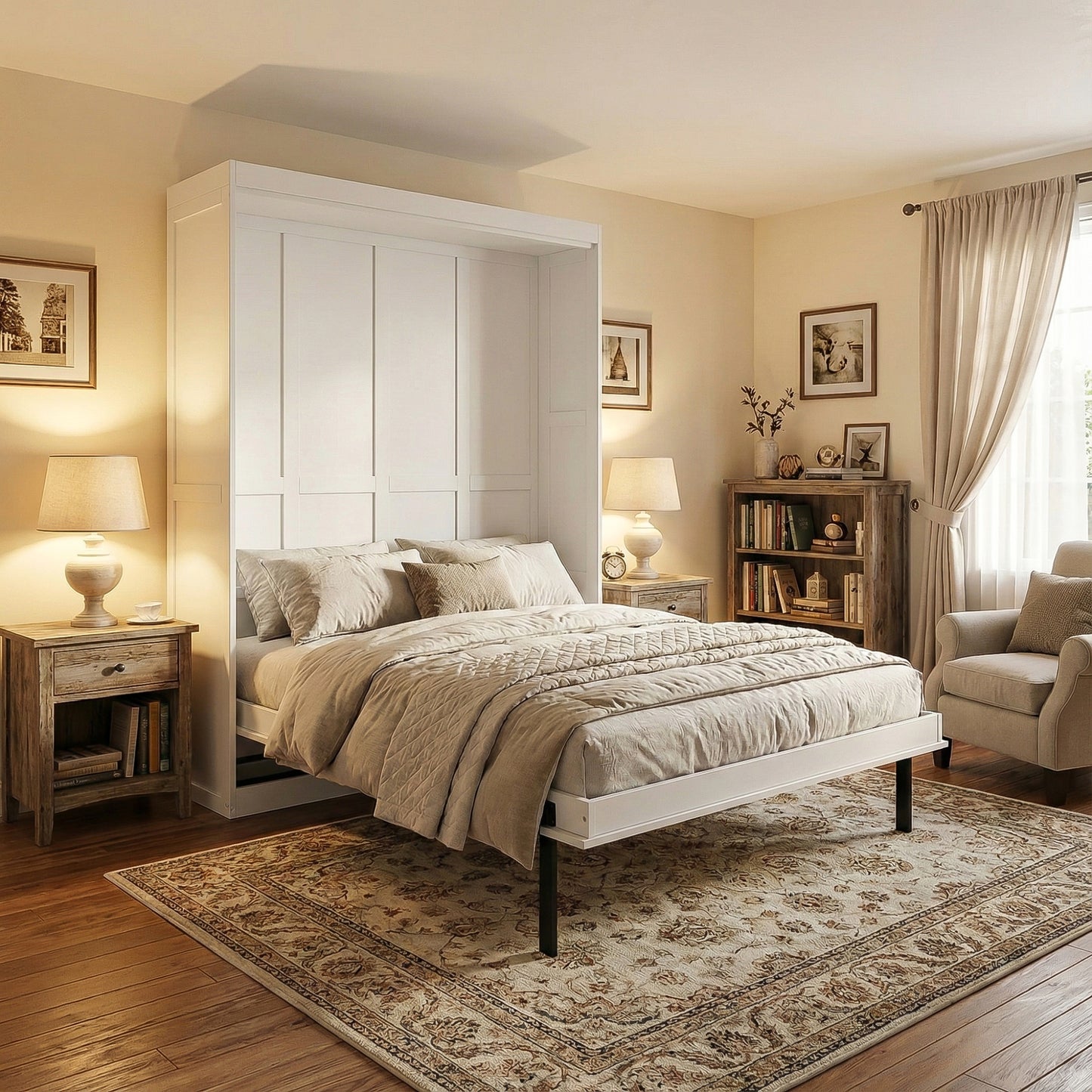 Rotating Queen Murphy Bed with Hidden Storage Racks, Space-Saving Multifunctional Wall Bed for Home