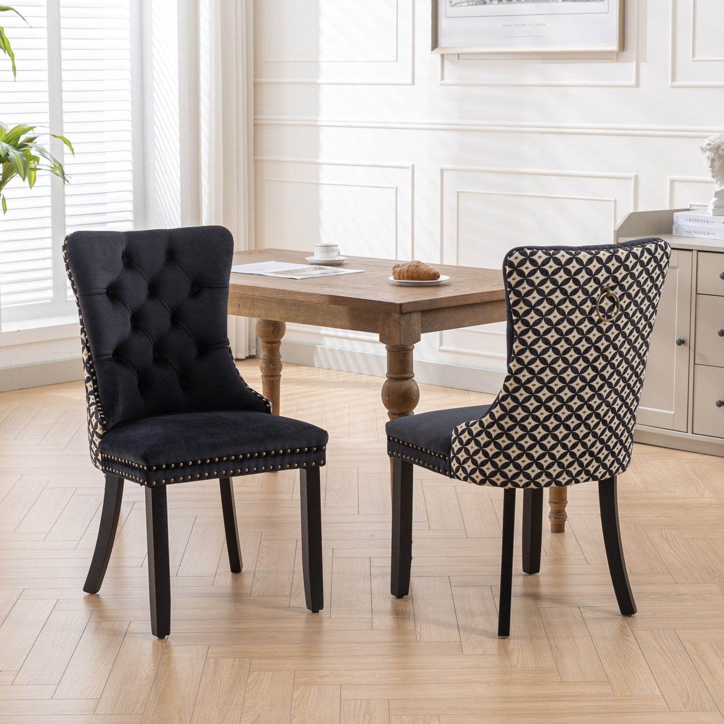 High-end Tufted Solid Wood Contemporary Velvet Upholstered Dining Chair with Wood Legs Nailhead