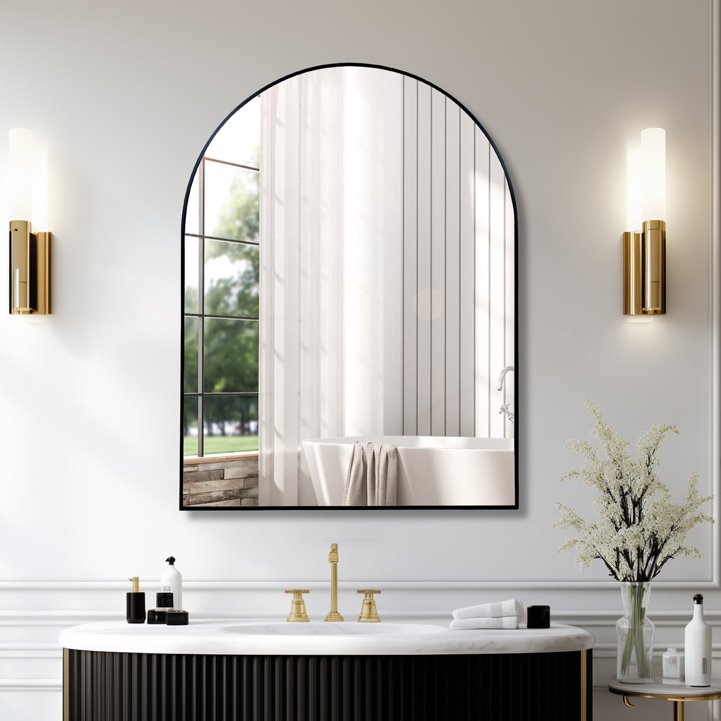 Arched Metal Frame Wall Mirror – 30" x 40" Bathroom Vanity Mirror, Modern Decorative Arch Mirror