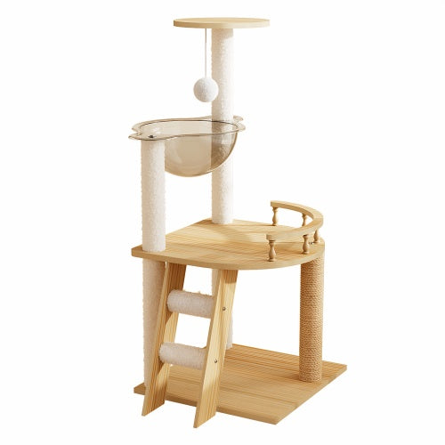 41.3" Modern Wood Cat Tree Tower – Multi-Level Cat Condo with Sisal Scratching Posts, Acrylic Hammock & Top Perch for Small and Large Indoor Cats