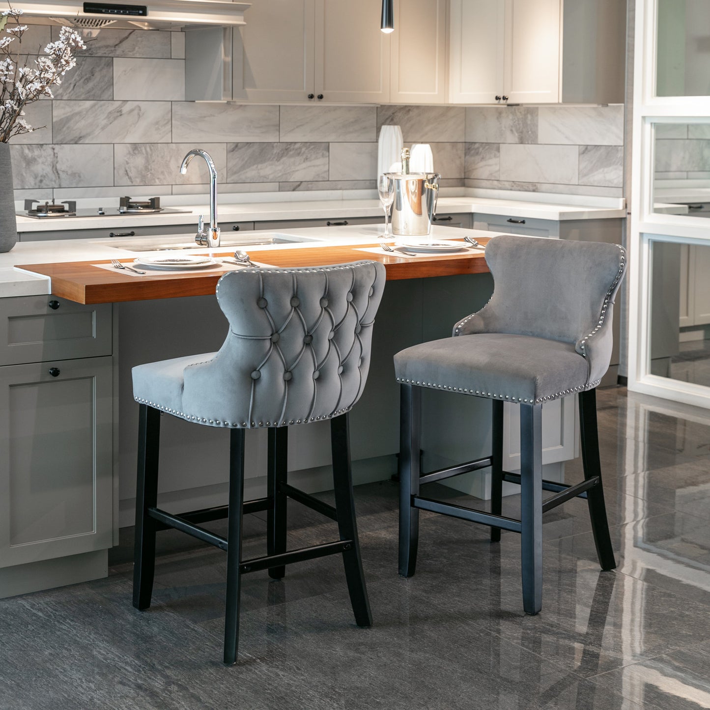 Contemporary Velvet Upholstered Wing-Back Barstools, Set of 2