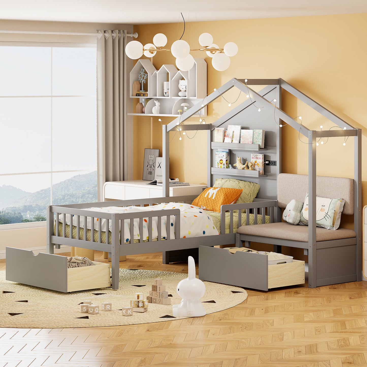 Twin Size House Bed with Upholstered Sofa, House Bed with Charging Station, Wireless