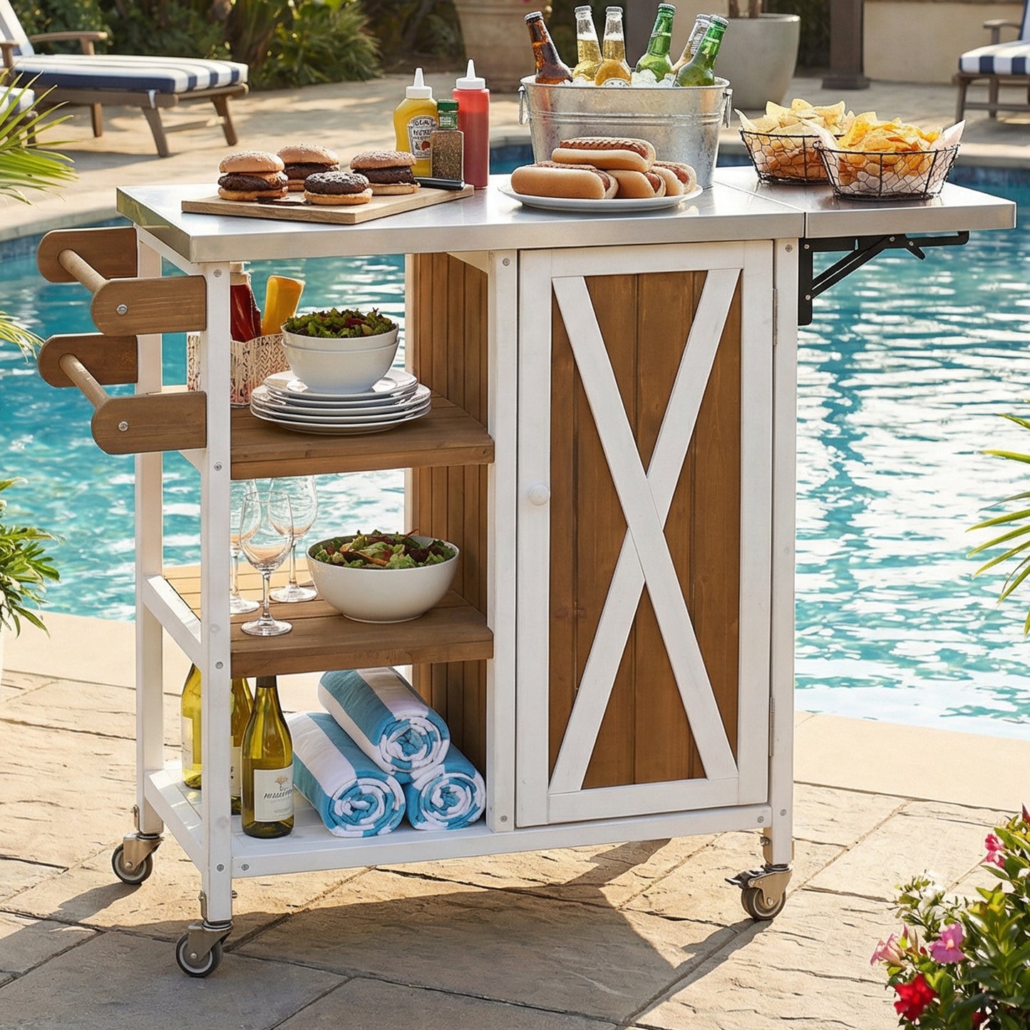 Foldable Outdoor Kitchen Island Patio Kitchen Island Outdoor Kitchen Cart Portable Prep Station with Lockable Wheels,