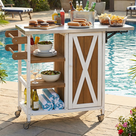 Outdoor Kitchen Cart White+Brown, Natural, Grey with Foldable Prep Space for Patio BBQ and Outdoor Serving
